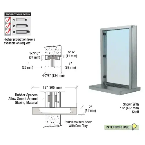 CRL S11W12A Satin Anodized Aluminum Standard Inset Frame Interior Glazed Exchange Window with 12" Shelf and Deal Tray