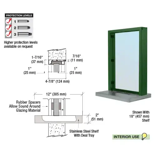 CRL S11W12K KYNAR Painted (Specify) Aluminum Standard Inset Frame Interior Glazed Exchange Window with 12" Shelf and Deal Tray