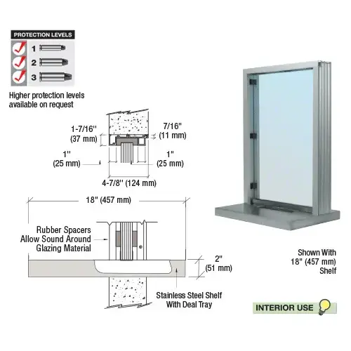 CRL S11W18A Satin Anodized Aluminum Standard Inset Frame Interior Glazed Exchange Window with 18" Shelf and Deal Tray