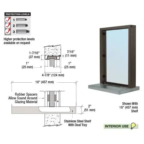 Dark Bronze Aluminum Standard Inset Frame Interior Glazed Exchange Window with 18" Shelf and Deal Tray