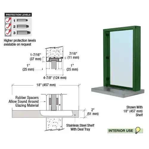 CRL S11W18K KYNAR Painted (Specify) Aluminum Standard Inset Frame Interior Glazed Exchange Window with 18" Shelf and Deal Tray