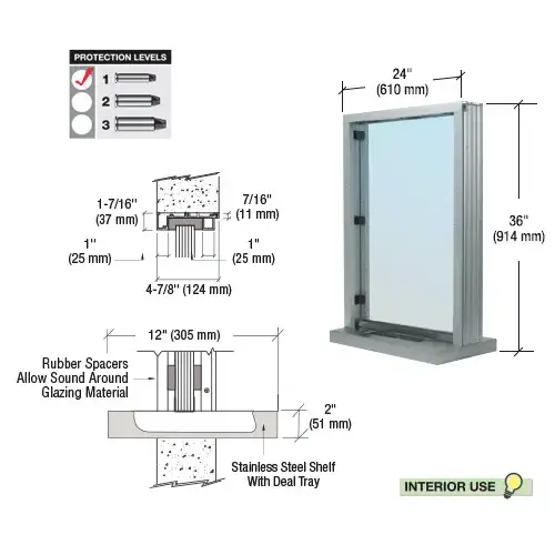 CRL S11W2436A Satin Anodized Bullet Resistant 24" Wide Interior Window with Surround Sound and Shelf with Deal Tray for 4-7/8" Thick Walls