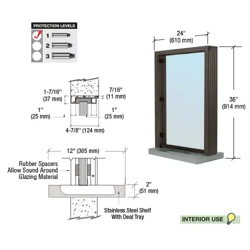 CRL S11W2436DU Dark Bronze Bullet Resistant 24" Wide Interior Window with Surround Sound and Shelf with Deal Tray for 4-7/8" Thick Walls