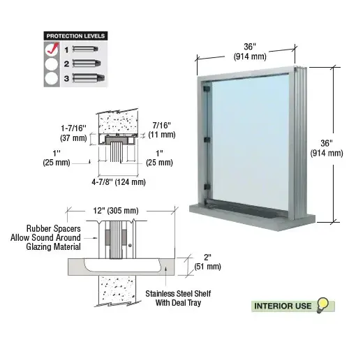 CRL S11W3636A Satin Anodized Bullet Resistant 36" Wide Interior Window with Surround Sound and Shelf with Deal Tray for 4-7/8" Thick Walls