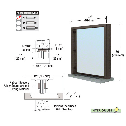Dark Bronze Bullet Resistant 36" Wide Interior Window with Surround Sound and Shelf with Deal Tray for 4-7/8" Thick Walls