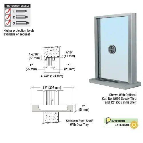 CRL S1EW12A Satin Anodized Aluminum Standard Inset Frame Exterior Glazed Exchange Window with 12" Shelf and Deal Tray