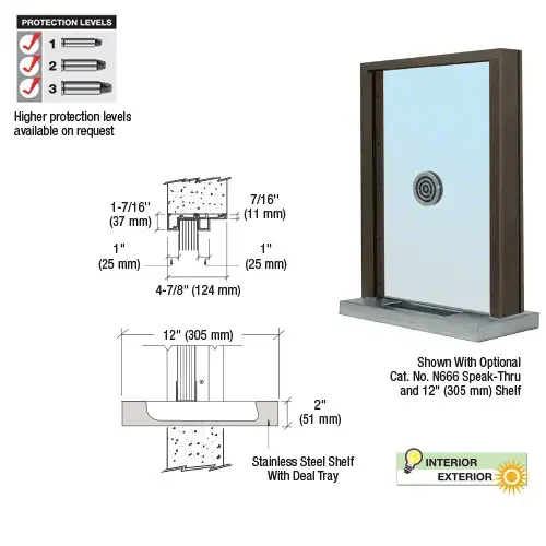 CRL S1EW12DU Dark Bronze Aluminum Standard Inset Frame Exterior Glazed Exchange Window with 12" Shelf and Deal Tray