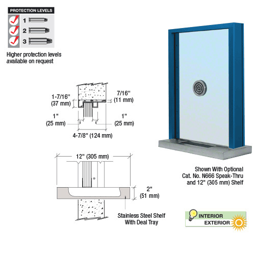 Powder Painted (Specify) Aluminum Standard Inset Frame Exterior Glazed Exchange Window with 12" Shelf and Deal Tray