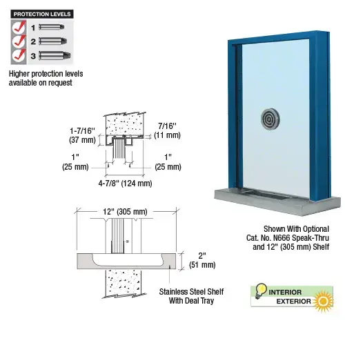 Powder Painted (Specify) Aluminum Standard Inset Frame Exterior Glazed Exchange Window with 12" Shelf and Deal Tray