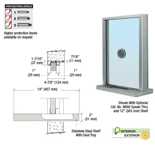 Satin Anodized Aluminum Standard Inset Frame Exterior Glazed Exchange Window with 18" Shelf and Deal Tray