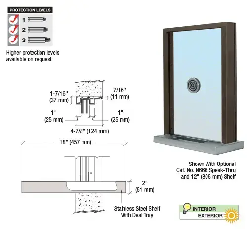 Dark Bronze Aluminum Standard Inset Frame Exterior Glazed Exchange Window with 18" Shelf and Deal Tray
