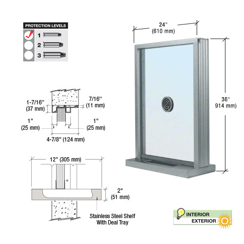 Satin Anodized Bullet Resistant 24" Wide Exterior Window with Speak-Thru and Shelf with Deal Tray for Walls 4-7/8" Thick