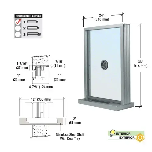 CRL S1EW2436A Satin Anodized Bullet Resistant 24" Wide Exterior Window with Speak-Thru and Shelf with Deal Tray for Walls 4-7/8" Thick