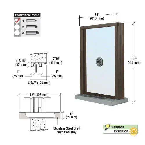 CRL S1EW2436DU Dark Bronze Bullet Resistant 24" Wide Exterior Window with Speak-Thru and Shelf with Deal Tray for Walls 4-7/8" Thick