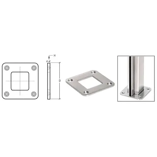 Brushed Stainless Square Base Plate for 1-1/2" Square Tubing