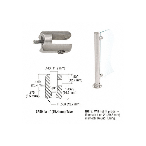 Brushed Stainless Fixed Glass Fitting for 1" Tubing