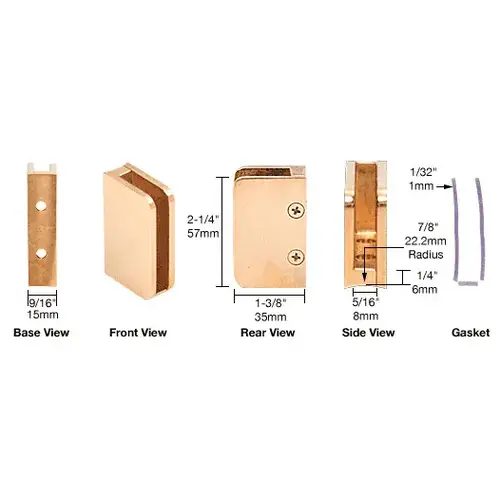 Polished Brass 1/4" Closed Bottom Left Hand Bottom Radius Base Glass Clip