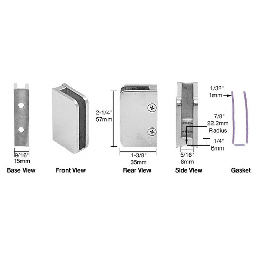 Polished Stainless 1/4" Closed Bottom Left Hand Bottom Radius Base Glass Clip