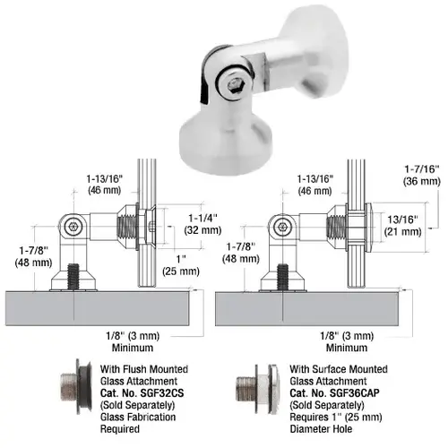 316 Brushed Stainless Single Pivot Glass-to-Wall/Floor Swivel Fitting