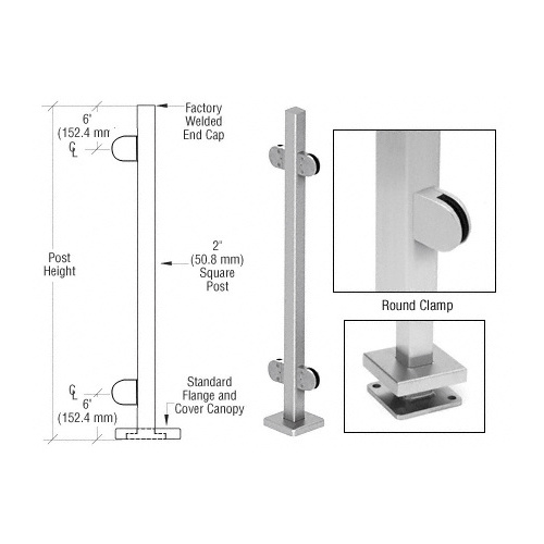 CRL SPR42CBS Brushed Stainless 42" Steel Round Glass Clamp 180 Degree Center Square Post Railing Kit