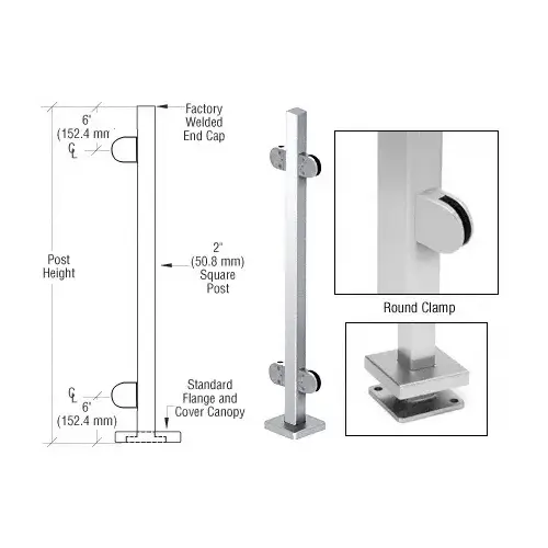 Polished Stainless 36" Steel Square Glass Clamp 180 Degree Center Square Post Railing Kit