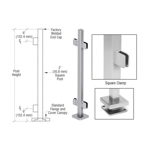 CRL SPS36CBS Brushed Stainless 36" Steel Square Glass Clamp 180 Degree Center Square Post Railing Kit