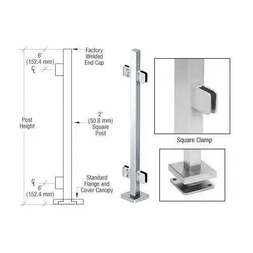 CRL SPS42CPS Polished Stainless 42" Steel Square Glass Clamp 180 Degree Center Square Post Railing Kit