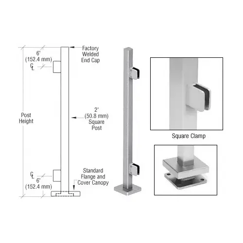CRL SPS42EBS Brushed Stainless 42" Steel Square Glass Clamp End Square Post Railing Kit