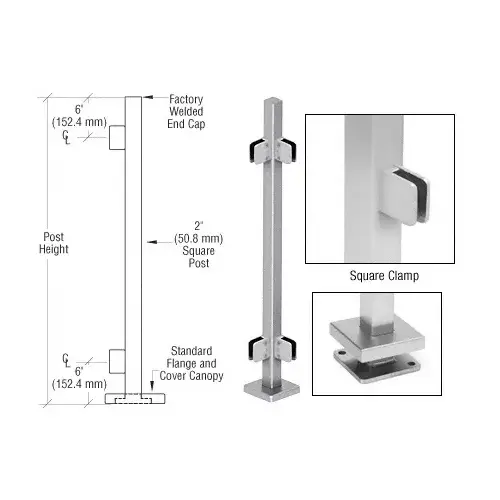 CRL SPS36LBS Brushed Stainless 36" Steel Square Glass Clamp 90 Degree Corner Square Post Railing Kit