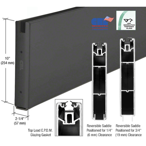 Black Powder Coat 10" x 240" Length Square Sidelite Rail for 5/8" or 3/4" Glass 240" Stock Length