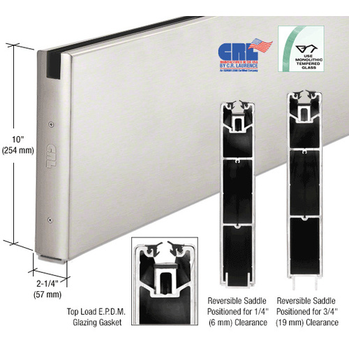 Brushed Stainless 10" x Custom Length Square Sidelite Rail for 5/8" or 3/4" Glass