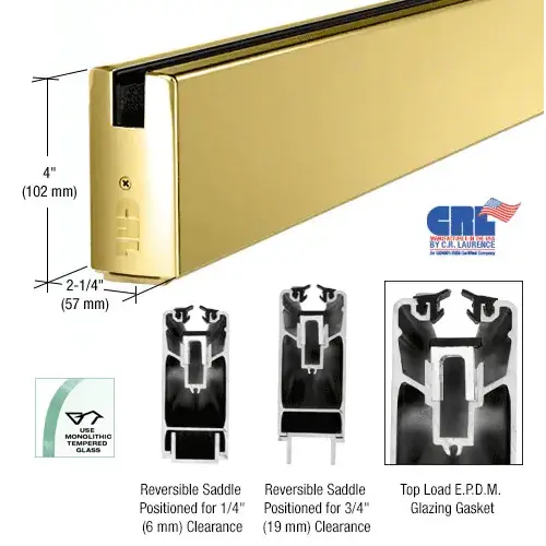 Polished Brass 4" x 120" Length Square Sidelite Rails for 3/4" Glass 120" Stock Length