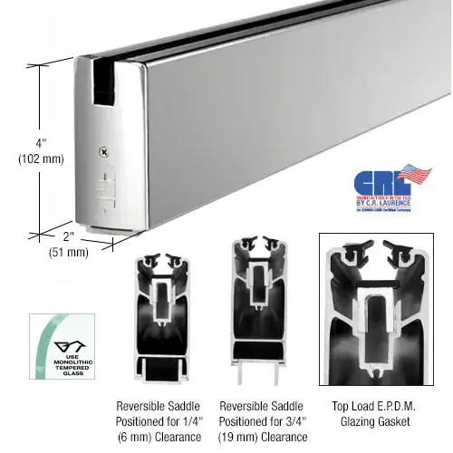 Polished Stainless 4" Custom Length Square Sidelite Rail for 3/8" and 1/2" Glass