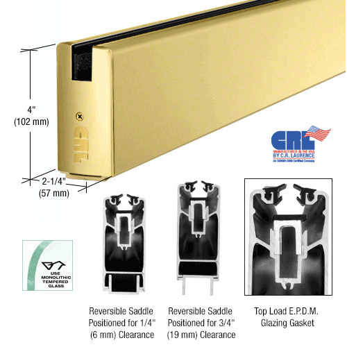 Satin Brass 4" Custom Length Square Sidelite Rail for 3/4" Glass