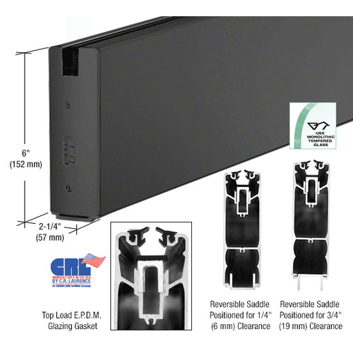Black Powder Coat 6" x 240" Length Square Sidelite Rail for 3/4" Glass 240" Stock Length