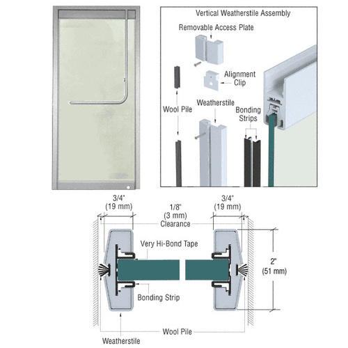 Brushed Stainless Vertical Weatherstile Kits for 1/2" Glass Single Doors