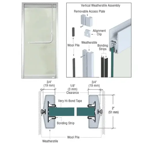 Polished Stainless Vertical Weatherstile Kits for 1/2" Glass Single Doors