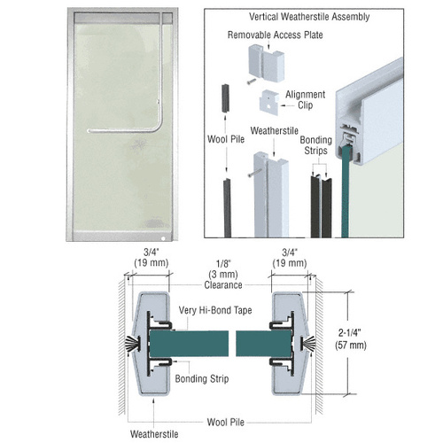 Polished Stainless Vertical Weatherstile Kits for 3/4" Glass Single Doors