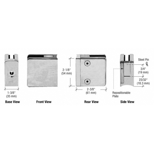 Satin Chrome Z-Series Square Type Radius Base Zinc Clamps for 3/8" and 1/2" Glass with Repositionable Plate