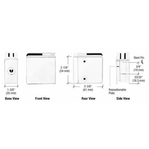 White Z-Series Square Type Radius Base Zinc Clamps for 3/8" and 1/2" Glass with Repositionable Plate