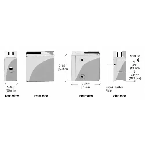 Polished Stainless Steel Z-Series Square Type Radius Base Zinc Clamps for 3/8" and 1/2" Glass with Repositionable Plate
