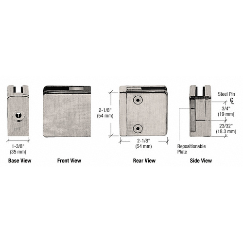 CRL ZL810BN Brushed Nickel Z-Series Square Type Flat Base Zinc Clamp for 3/8" and 1/2" Glass with Repositionable Plate