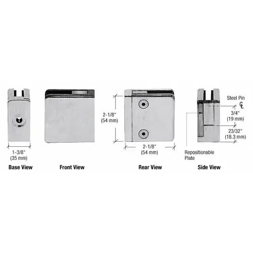 Brushed Stainless Steel Z-Series Square Type Flat Base Zinc Clamp for 3/8" and 1/2" Glass with Repositionable Plate