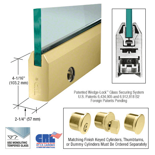 Satin Brass 3/4" Glass 4" Tapered Door Rail With Lock - Custom Length