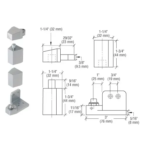 Pivot Hinge Set Right Hand Reverse Bevel Type Aluminum Finish
