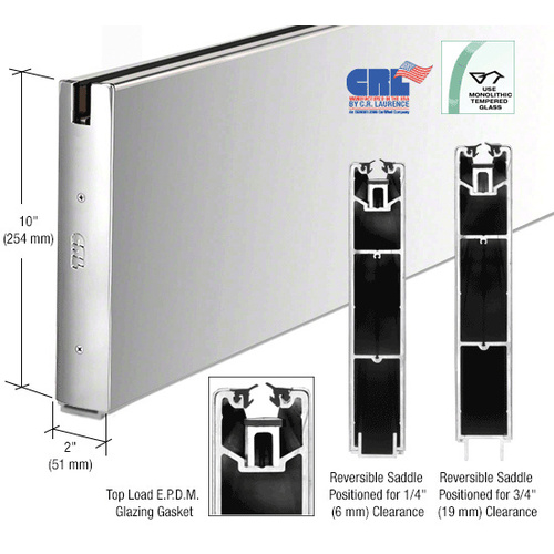 Polished Stainless 10" Custom Length Square Sidelite Rail for 3/8" or 1/2" Glass