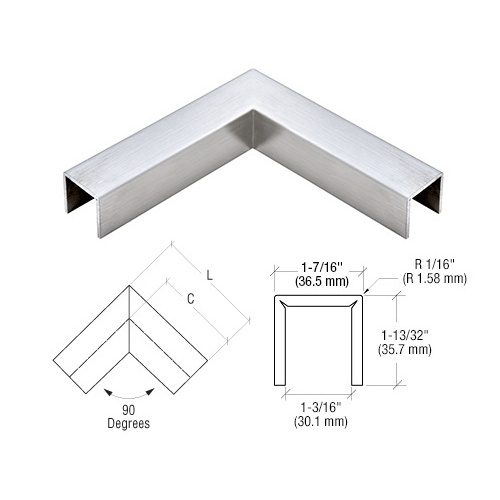 316 Brushed Stainless LC10 Series Crisp Corner U-Channel 90 Degree Horizontal Corner for 21.52 mm Glass Cap Railing