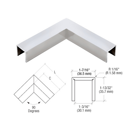 316 Polished Stainless LC10 Series Crisp Corner U-Channel 90 Degree Horizontal Corner for 21.52 mm Glass Cap Railing