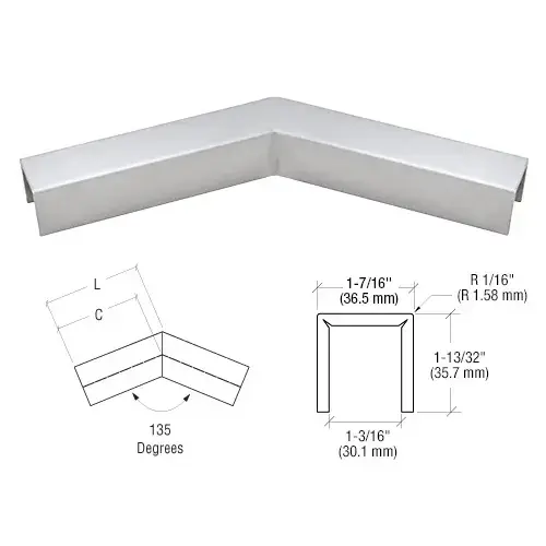 316 Brushed Stainless L10 Series U-Channel 135 Degree Horizontal Corner for 21.52 mm Laminated Glass Cap Railing