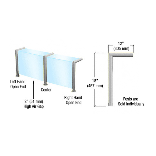 Elegant Series Left Hand Open End Sneeze Guard for 3/8"(10mm) Glass, 18"High, 12" Shelf, 1-1/2" Diameter, 2" Air Gap Brushed Stainless Steel